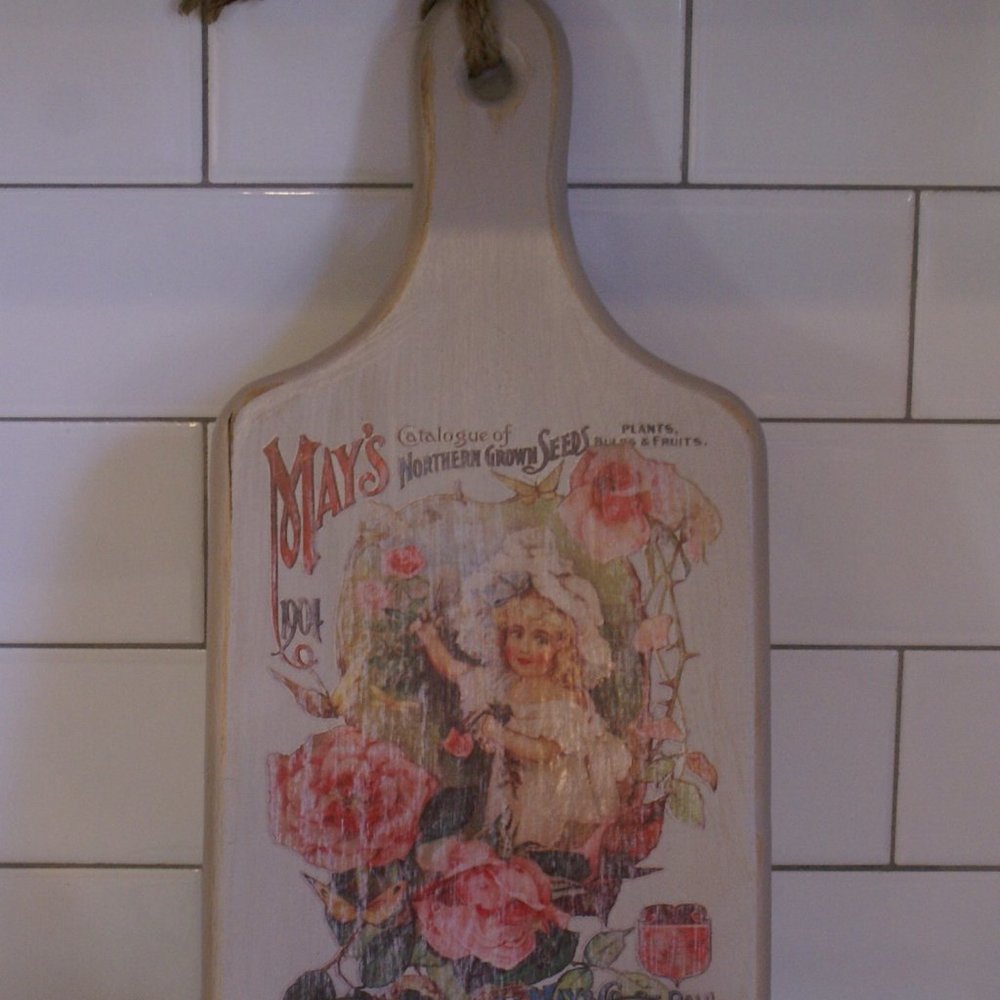 Wood Bread Cutting Board Hand Painted Decorated Vintage Look Theme Wooden Deco